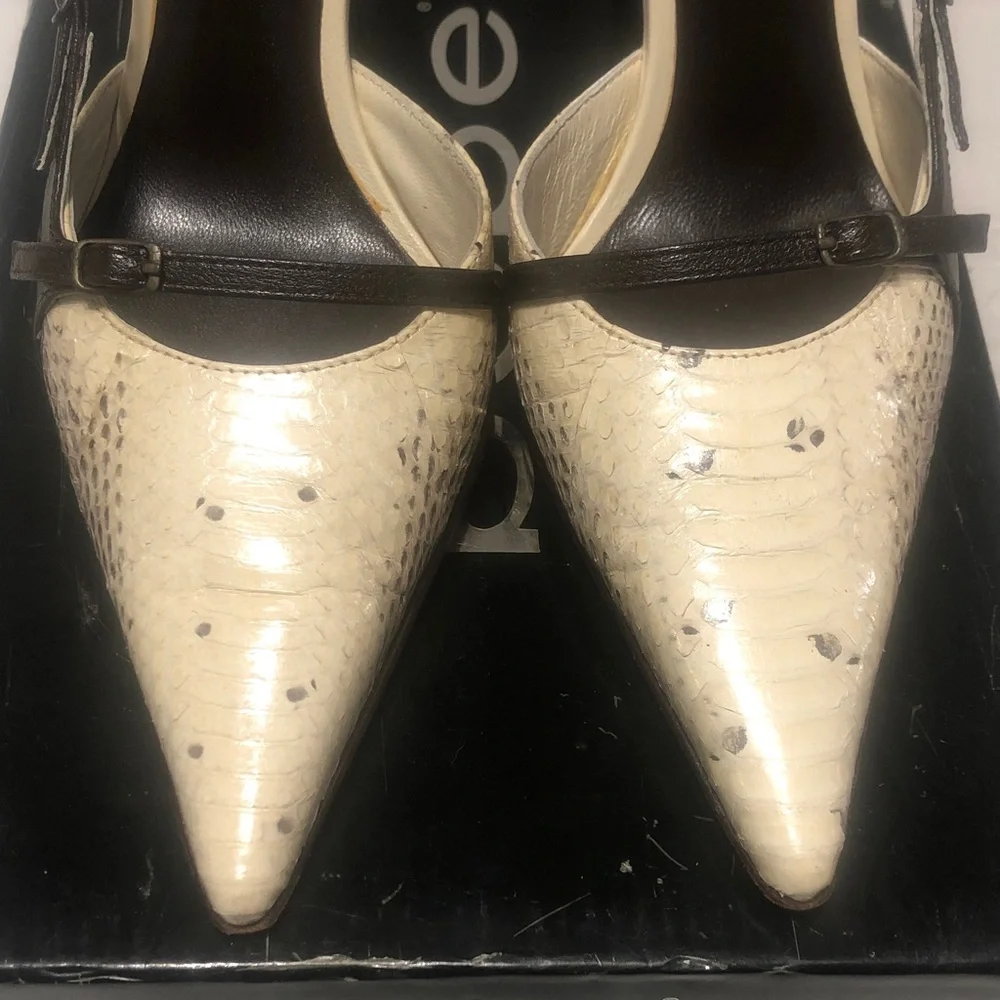 bebe Cream Snake-Print Pointed Toe Slingback Heels 7.5